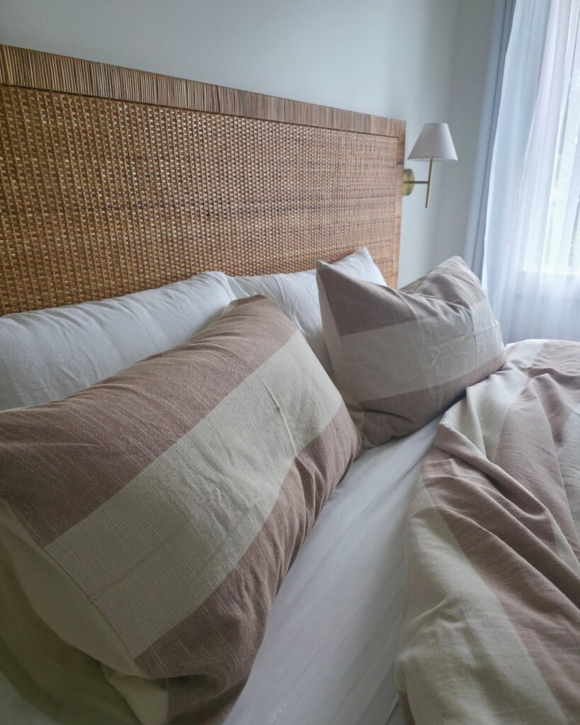 Pecan cover, pecan pillowcases, angled (lifestyle)