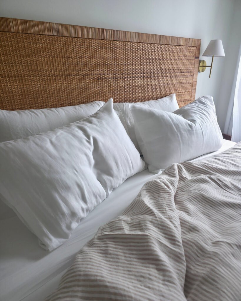 Sandstone linen cover, linen pillowcase white, angled (lifestyle)