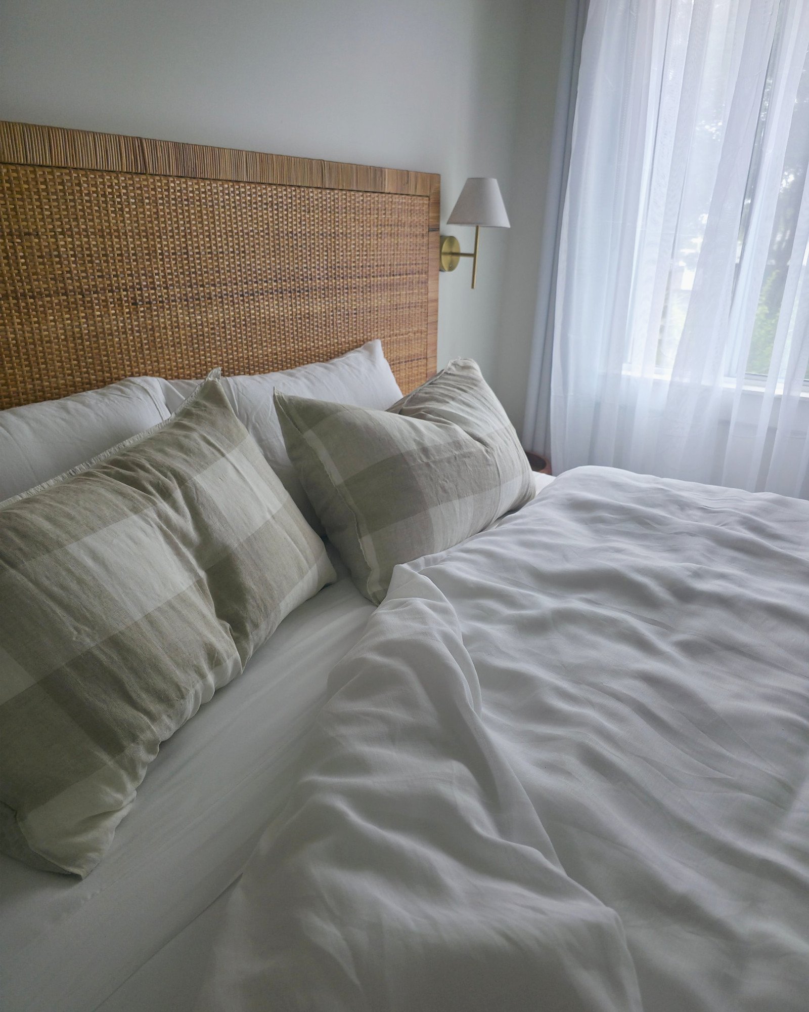 White linen cover, check natural pillowcases, angled (lifestyle)